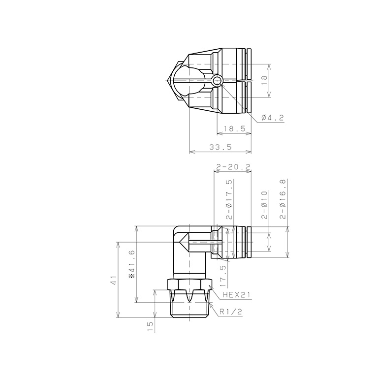 Bản vẽ kỹ thuật Đầu Nối Nhanh Khí Nén Hai Nhánh Cong 90° Ren Ngoài Pisco SPAX10-04