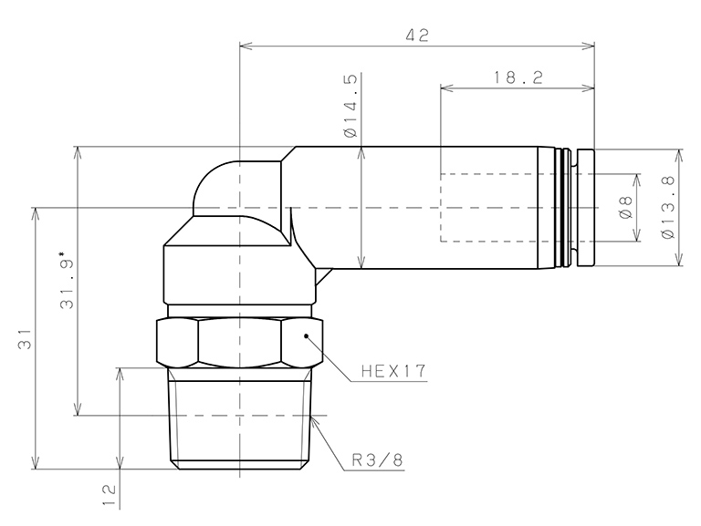 Bản vẽ kỹ thuật Đầu Nối Nhanh Khí Nén Dạng Cong 90° Ren Ngoài Có Van Tự Ngắt Pisco PSL8-03