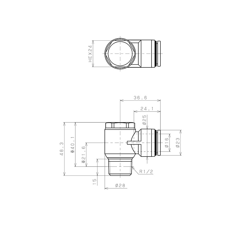 Bản vẽ kỹ thuật Đầu Nối Nhanh Khí Nén Cong 90° Đầu Lục Giác Trụ Ren Ngoài Pisco PH16-04-C