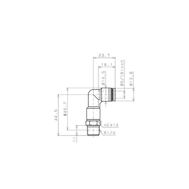 Bản vẽ kỹ thuật Đầu Nối Nhanh Khí Nén Dạng Cong 90° Ren Ngoài (Dài) Pisco PLL5/16-02W