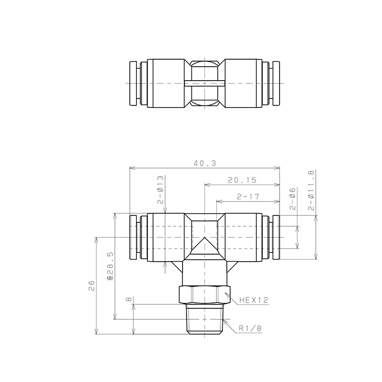 Bản vẽ kỹ thuật Đầu Nối Nhanh Khí Nén Dạng Chữ T Ren Ngoài Pisco SPPB6-01