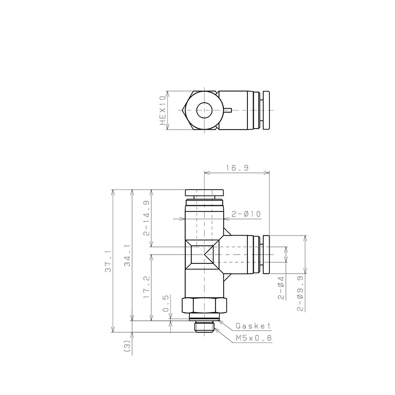 Bản vẽ kỹ thuật Đầu Nối Nhanh Khí Nén Dạng Chữ T Ren Ngoài Pisco SPPD4-M5SP