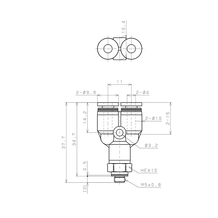 Bản vẽ kỹ thuật Đầu Nối Nhanh Khí Nén Dạng Chữ Y Ren Ngoài Pisco PX4-M5SUS
