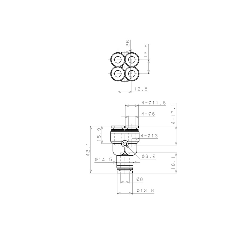 Bản vẽ kỹ thuật Đầu Nối Nhanh Khí Nén Chữ Y 5 Ngã Dạng Nối Giảm Pisco PRG8-6SUS