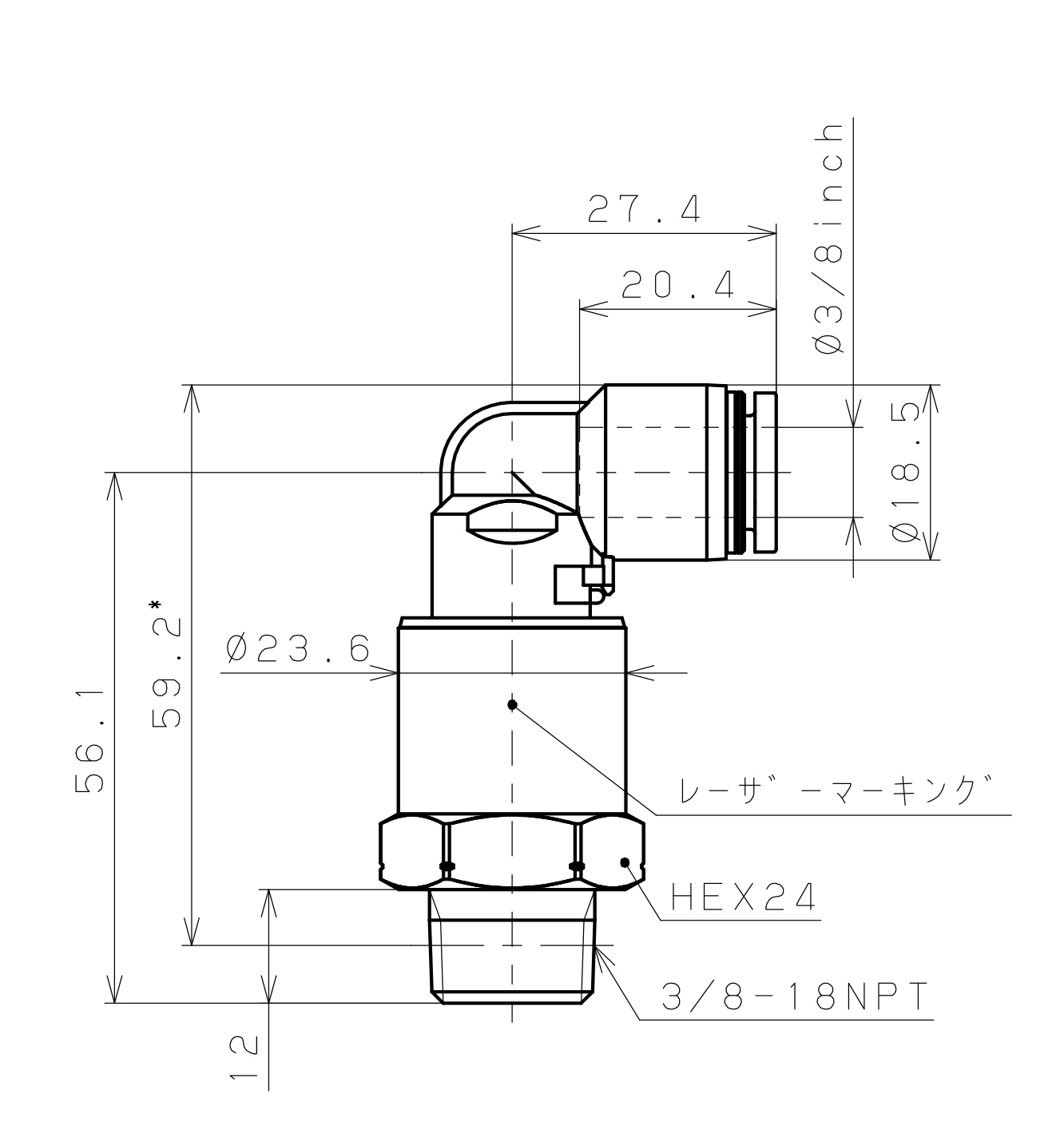Bản vẽ kỹ thuật Đầu Nối Nhanh Khí Nén Dạng Cong 90° Ren Ngoài Có Khớp Xoay Pisco RAL3/8-N3SUS-TP