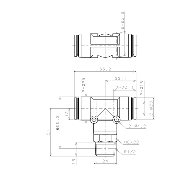 Bản vẽ kỹ thuật Đầu Nối Nhanh Khí Nén Dạng Chữ T Ren Ngoài Pisco PB16-04-C