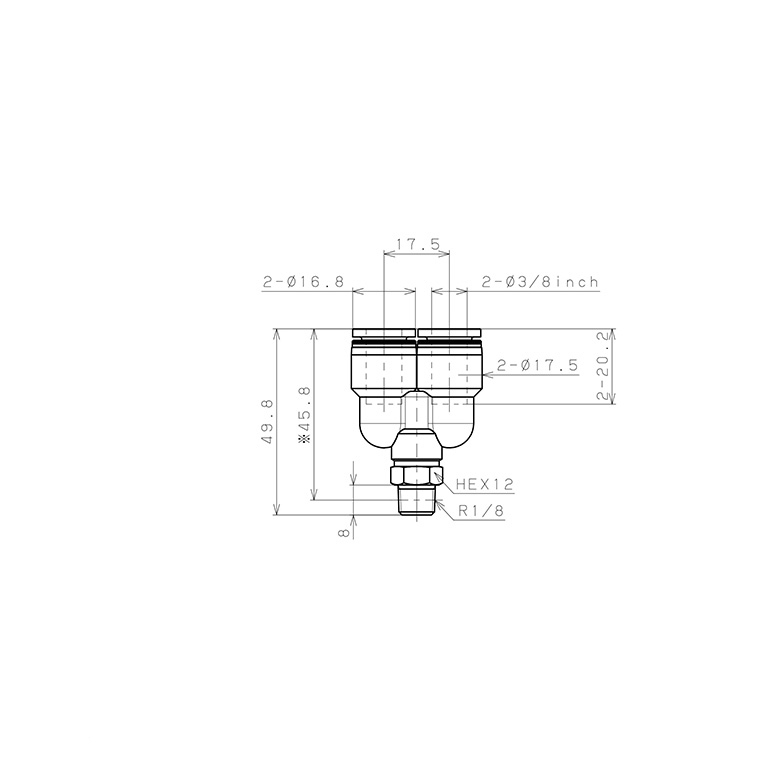 Bản vẽ kỹ thuật Đầu Nối Nhanh Khí Nén Dạng Chữ Y Ren Ngoài Pisco PX3/8-01W