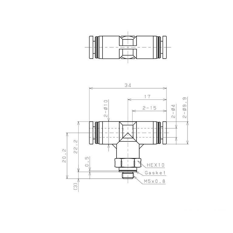 Bản vẽ kỹ thuật Đầu Nối Nhanh Khí Nén Dạng Chữ T Ren Ngoài Pisco PPB4-M5SUS-C