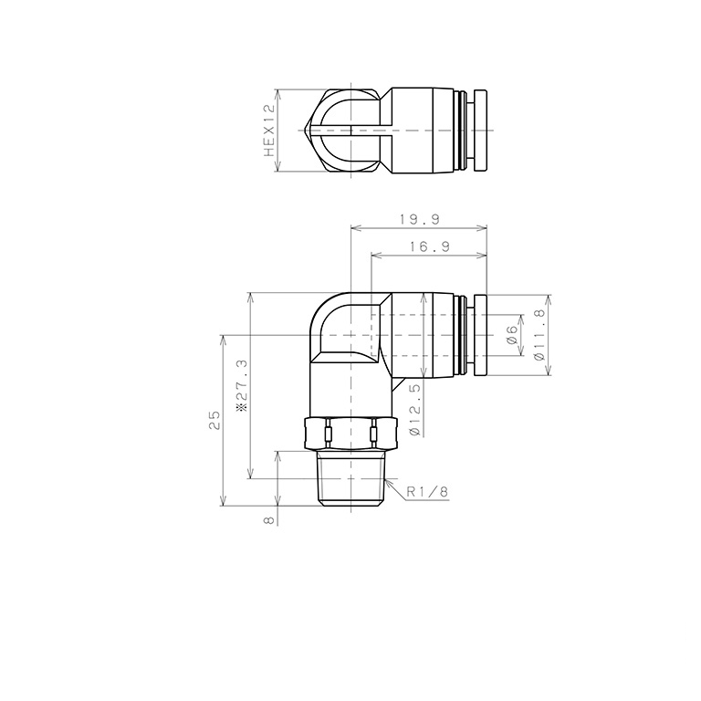 Bản vẽ kỹ thuật Đầu Nối Nhanh Khí Nén Dạng Cong 90° Ren Ngoài Pisco PPL6-01SUS-F-TP