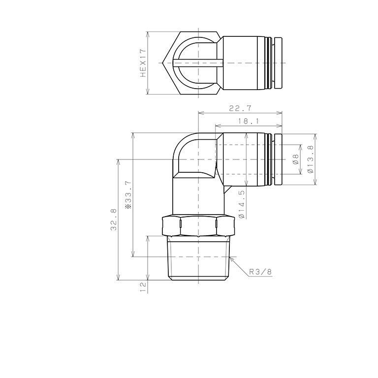 Bản vẽ kỹ thuật Đầu Nối Nhanh Khí Nén Dạng Cong 90° Ren Ngoài Pisco PPL8-03SUS-F-TP
