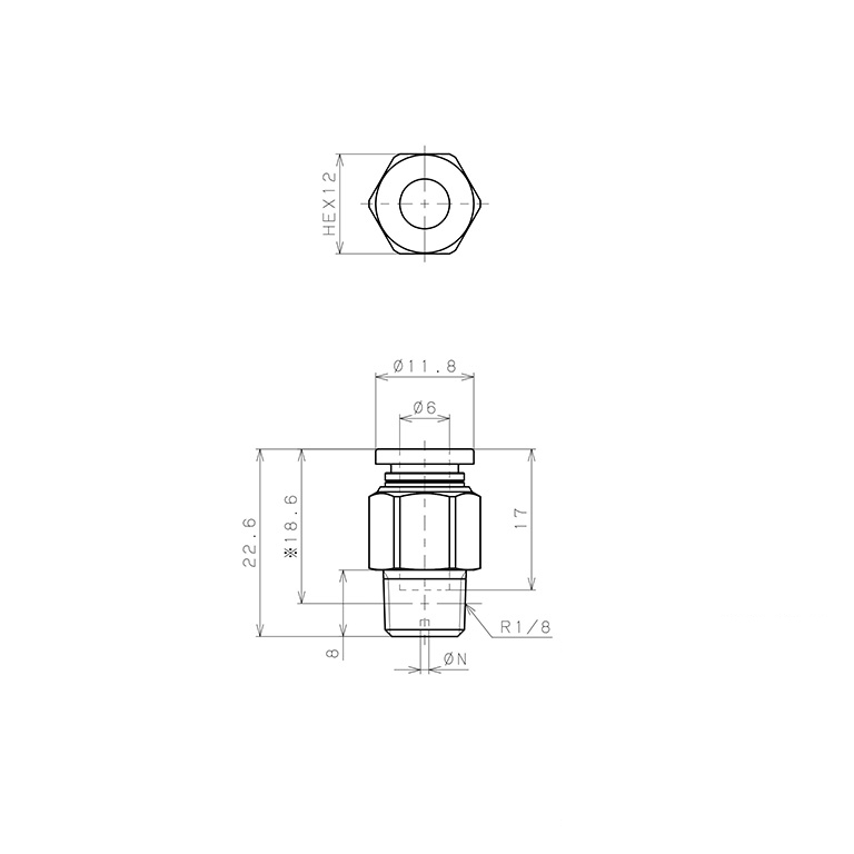 Bản vẽ kỹ thuật Đầu Nối Nhanh Khí Nén Lỗ Trích Khí Nhỏ Pisco PC6-01-1.6