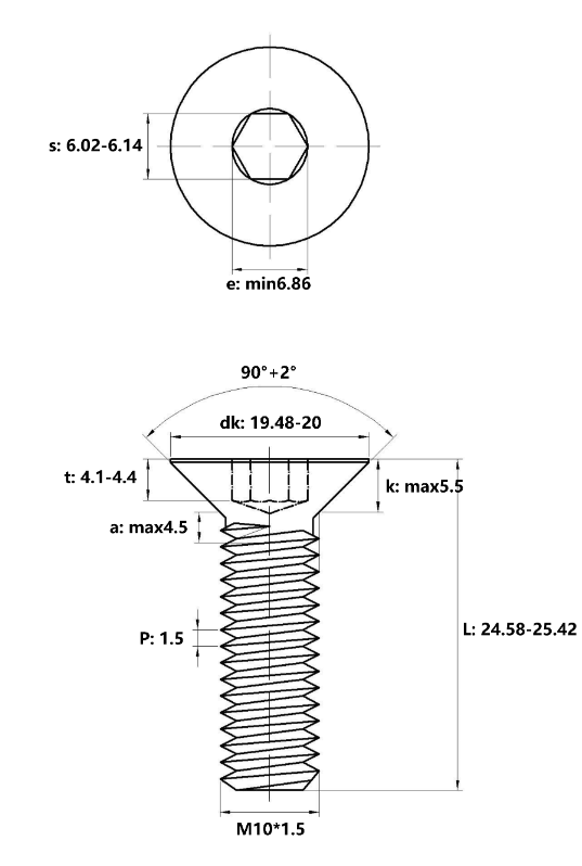 Bản vẽ kỹ thuật Lục Giác Chìm Col Thép Mạ Kẽm Trắng Cr3+ 10.9 DIN7991 M10x25