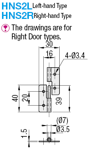Bản vẽ kỹ thuật Bản Lề Tháo Rời Trái Inox 304 (HNS2L) L 40 mm