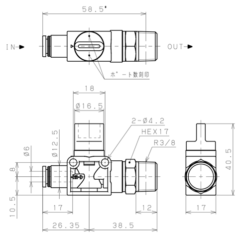 Bản vẽ kỹ thuật Van Tay Khí Nén Pisco HV6-03-2W