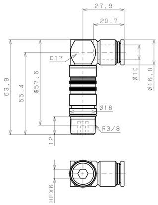 Bản vẽ kỹ thuật Bộ Đầu Ngạnh Nối Ống Dẫn Điều Khiển Nhiệt Độ Khuôn Đúc Dạng Cong 90°, Có Van Tự Ngắt Pisco ASL10-1003