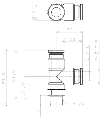 Bản vẽ kỹ thuật Đầu Nối Nhanh Khí Nén Dạng Chữ T Ren Ngoài Pisco KD10-02-1