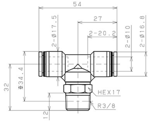 Bản vẽ kỹ thuật Đầu Nối Nhanh Khí Nén Chữ T Phi 10mm Ren Ngoài R3/8 Pisco PB10-03
