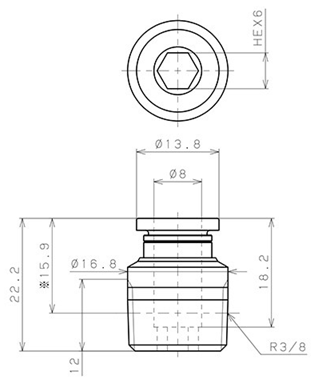 Bản vẽ kỹ thuật Đầu Nối Nhanh Khí Nén Thẳng Phi 8mm Ren Ngoài R3/8 Pisco POC8-03