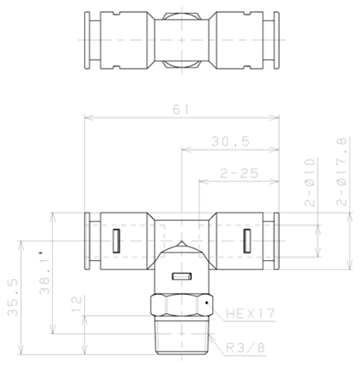 Bản vẽ kỹ thuật Đầu Nối Nhanh Khí Nén Dạng Chữ T Ren Ngoài Pisco APB10-03