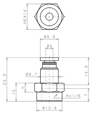 Bản vẽ kỹ thuật Đầu Nối Nhanh Khí Nén Thẳng Phi 4mm Ren Trong R1/8 Pisco PCF4-01