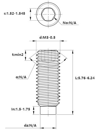Bản vẽ kỹ thuật Vít Trí Đuôi Trụ Thép Đen 10.9 DIN915 M3x6