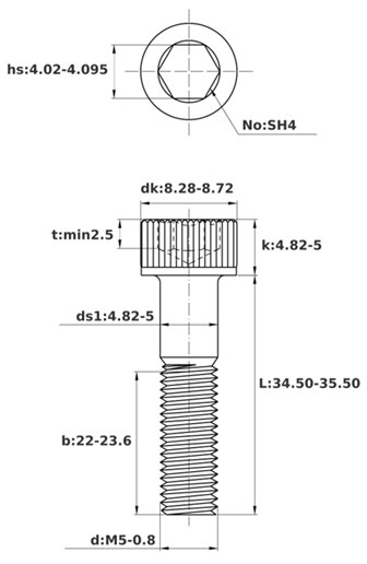 Bản vẽ kỹ thuật Lục Giác Chìm Đầu Trụ Inox 304 DIN912 M5x35 Ren Lửng