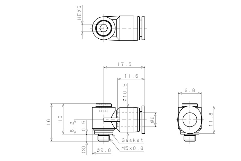 Bản vẽ kỹ thuật Đầu Nối Nhanh Khí Nén Dạng Cong 90° Đầu Lục Giác Chìm Ren Ngoài Pisco POL6-M5MW