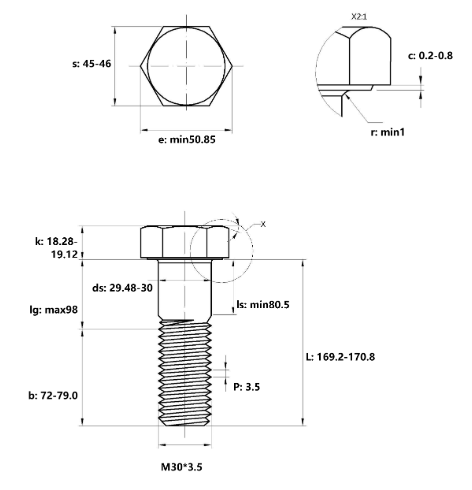 Bản vẽ kỹ thuật Bulong Thép Đen 8.8 DIN931 M30x170 Ren Lửng