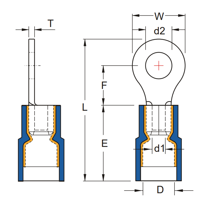 Bản vẽ kỹ thuật Đầu Cosse Tròn Cách Điện Double Crimp Màu Đỏ KST 1 mm2 RNYD1-3.2