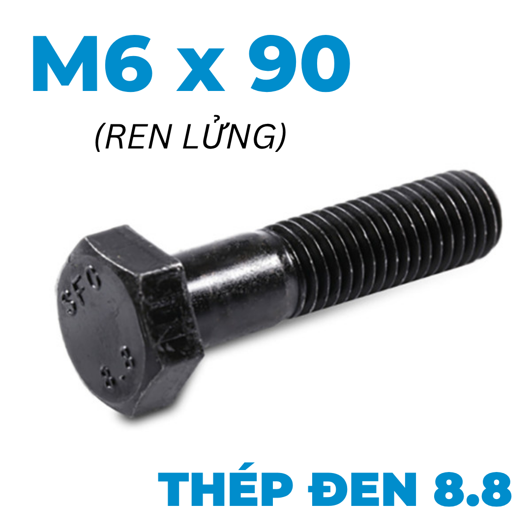 Bulong Thép Đen 8.8 DIN931 M6x90 Ren Lửng