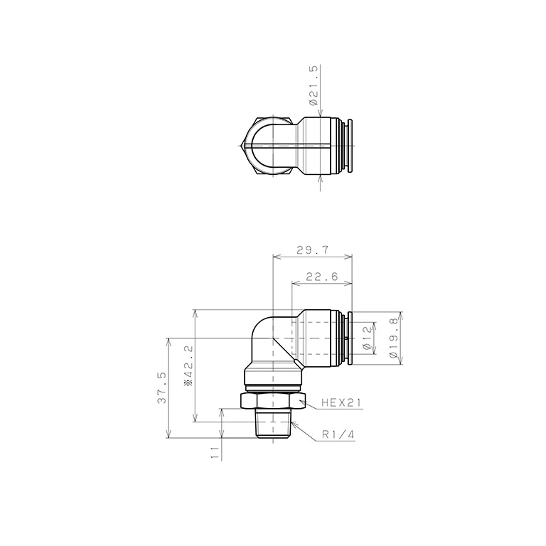 Bản vẽ kỹ thuật Đầu Nối Nhanh Khí Nén Dạng Cong 90° Ren Ngoài Pisco KL12-02-1-F