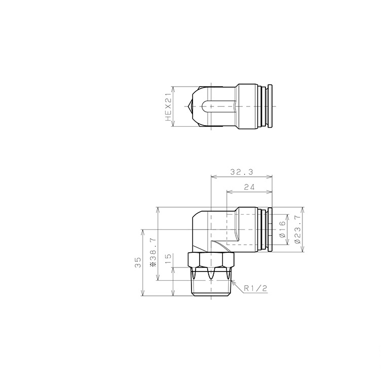 Bản vẽ kỹ thuật Đầu Nối Nhanh Khí Nén Dạng Cong 90° Ren Ngoài Pisco SSPL16-04-X-C