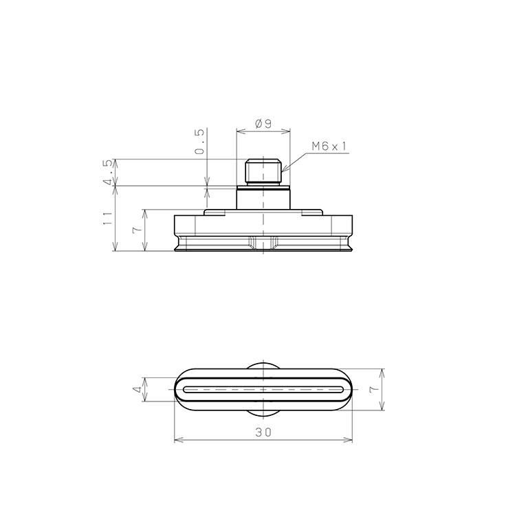 Bản vẽ kỹ thuật Bộ Nấm Hút Chân Không Hình Oval Bầu Dục Có Vít Ren, Silicone,  O.D 4x30 mm, Pisco VP4x30ES-M6