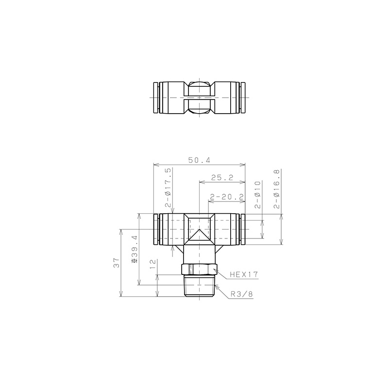 Bản vẽ kỹ thuật Đầu Nối Nhanh Khí Nén Dạng Chữ T Ren Ngoài Pisco SPPB10-03