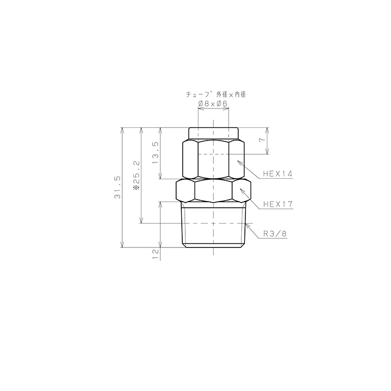 Bản vẽ kỹ thuật Đầu Ngạnh Nối Ống Có Đai Ốc Xiết Dạng Thẳng Thân Lục Giác Ren Ngoài Pisco NSC0860-03-TP