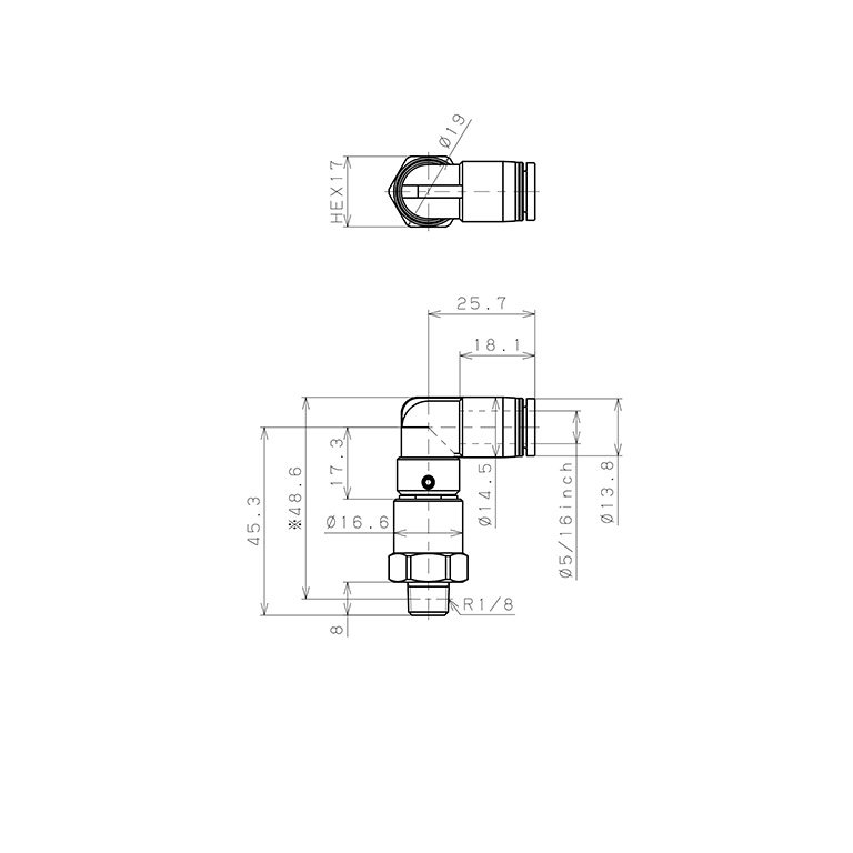 Bản vẽ kỹ thuật Đầu Nối Nhanh Khí Nén Dạng Cong 90° Ren Ngoài Có Khớp Xoay Tốc Độ Cao Pisco RHL5/16-01