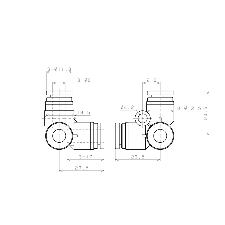 Bản vẽ kỹ thuật Đầu Nối Nhanh Khí Nén Chạc Ba 90° Pisco SPVU6
