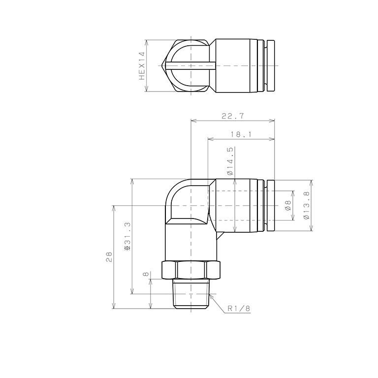 Bản vẽ kỹ thuật Đầu Nối Nhanh Khí Nén Dạng Cong 90° Ren Ngoài Pisco SPL8-01