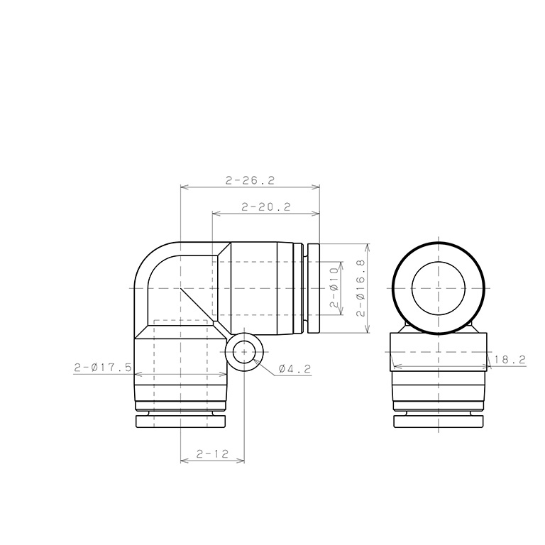 Bản vẽ kỹ thuật Đầu Nối Nhanh Khí Nén Cong 90° Pisco SPV10-UC