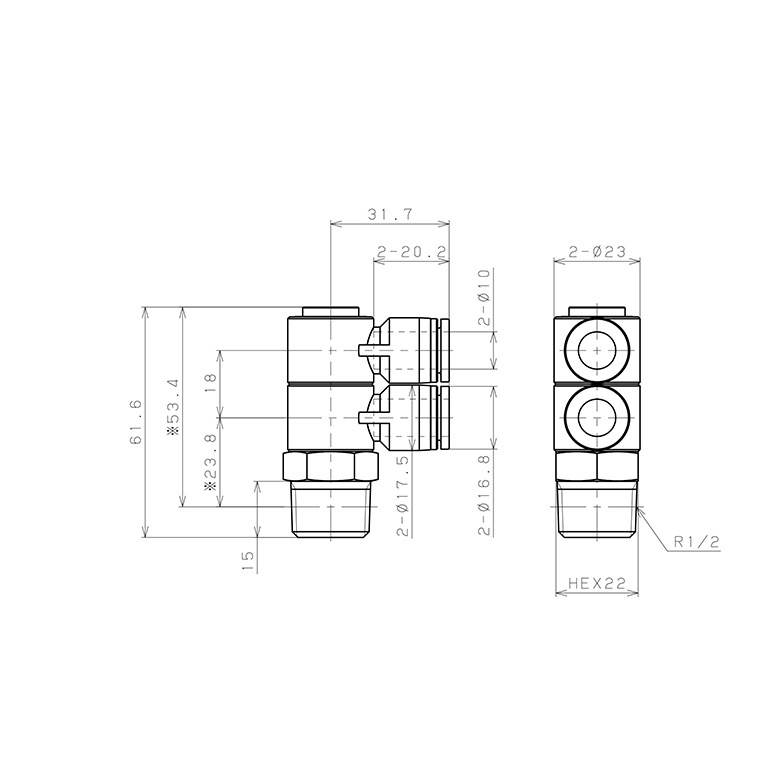 Bản vẽ kỹ thuật Đầu Nối Nhanh Khí Nén Hai Nhánh Cong 90° Thân Lục Giác Trụ Ren Ngoài Pisco SPHW10-04