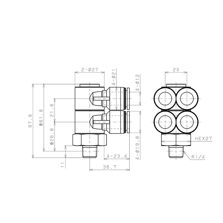 Bản vẽ kỹ thuật Đầu Nối Nhanh Khí Nén Bốn Nhánh Cong 90° Thân Lục Giác Trụ Ren Ngoài Pisco PAW12-02