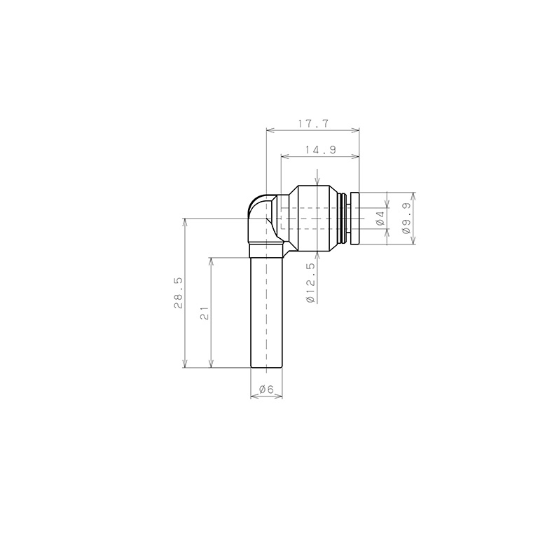 Bản vẽ kỹ thuật Đầu Nối Nhanh Khí Nén Giữa Ống Khí Và Fitting Dạng Nối Giảm Cong 90° Pisco PLGJ6-4-UC