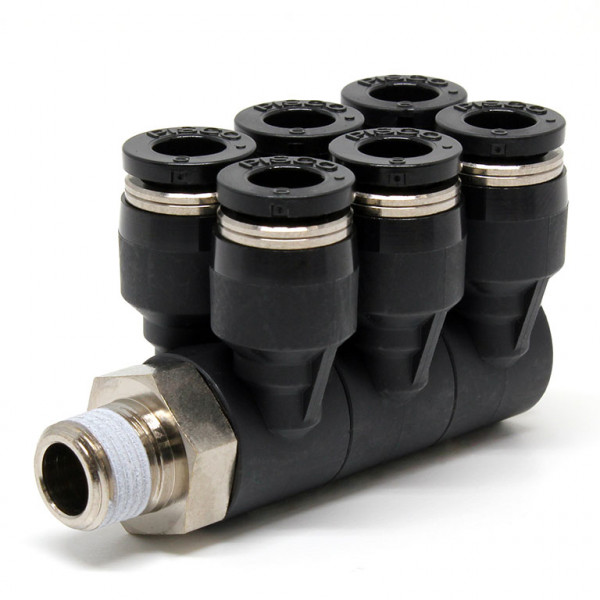 Đầu Nối Nhanh Khí Nén Sáu Nhánh Cong 90° Thân Lục Giác Trụ Ren Ngoài Pisco PAT6-01-C