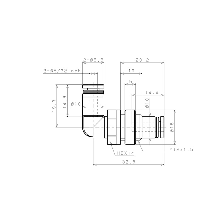 Bản vẽ kỹ thuật Đầu Nối Nhanh Khí Nén Cong 90° Ren Ngoài Lắp Kẹp Vách Pisco PML5/32