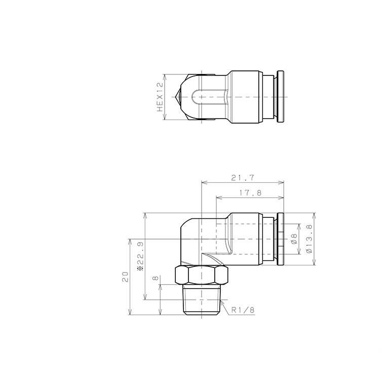 Bản vẽ kỹ thuật Đầu Nối Nhanh Khí Nén Dạng Cong 90° Ren Ngoài Pisco SSPL8-01