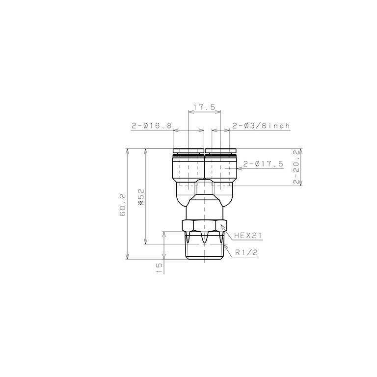 Bản vẽ kỹ thuật Đầu Nối Nhanh Khí Nén Dạng Chữ Y Ren Ngoài Pisco PX3/8-04-C