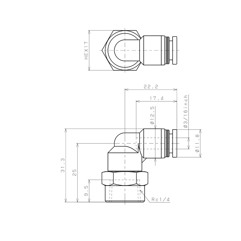 Bản vẽ kỹ thuật Đầu Nối Nhanh Khí Nén Dạng Cong 90° Ren Trong Pisco PLF3/16-02