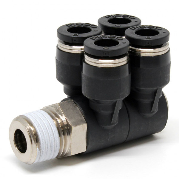Đầu Nối Nhanh Khí Nén Bốn Nhánh Cong 90° Thân Lục Giác Trụ Ren Ngoài Pisco PAW6-02