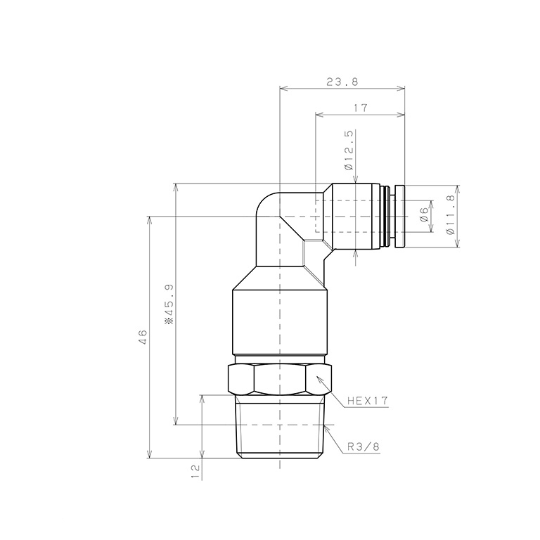 Bản vẽ kỹ thuật Đầu Nối Nhanh Khí Nén Dạng Cong 90° Ren Ngoài (Dài) Pisco PLL6-03W