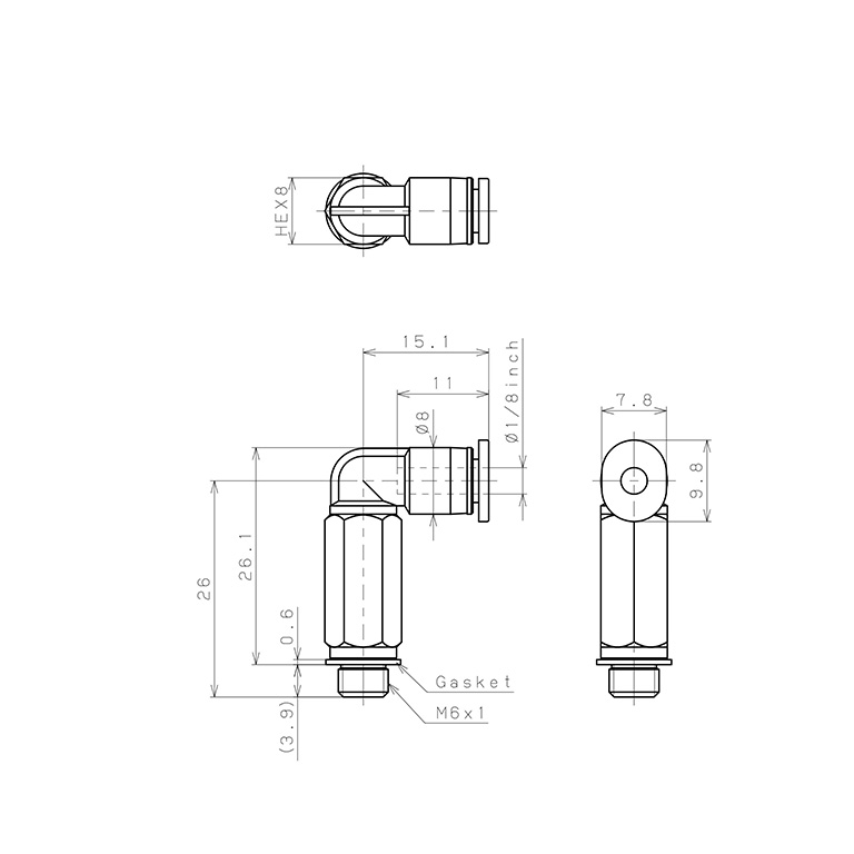 Bản vẽ kỹ thuật Đầu Nối Nhanh Khí Nén Dạng Cong 90° Ren Ngoài (Dài) Pisco PLL1/8-M6M